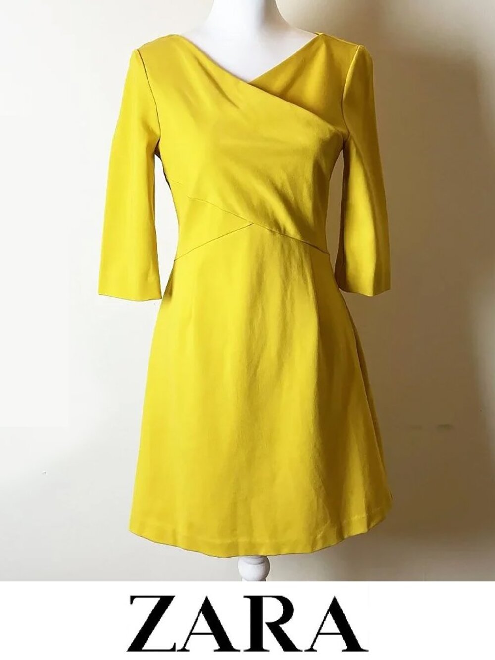 Zara Basic Mustard Yellow/Gold Dress with V-neck and 3/4 sleeves | Size M